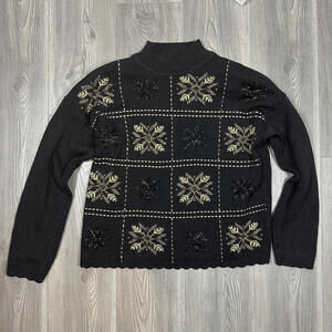 Beldoch Popper Women's Black Gold Beaded Holiday‎ Turtleneck Sweater